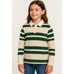 Volcom Volarco Long Sleeve Polo Shirt L 100% Cotton Boxy Striped Cream Green